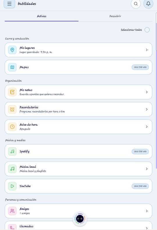 Categorías de skills de Ogii: mapas, notas, música, amigos